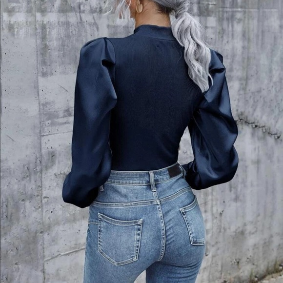 Boho black ribbed knit satin puff sleeve blouse - Picture 5 of 15